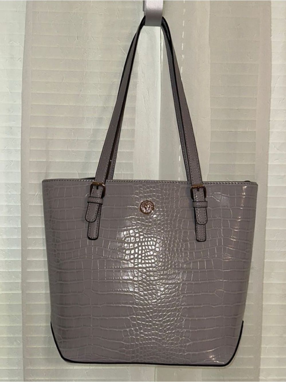 Anne Klein Gray Silver Tone Hardware Croc Embossed Faux Leather Tote